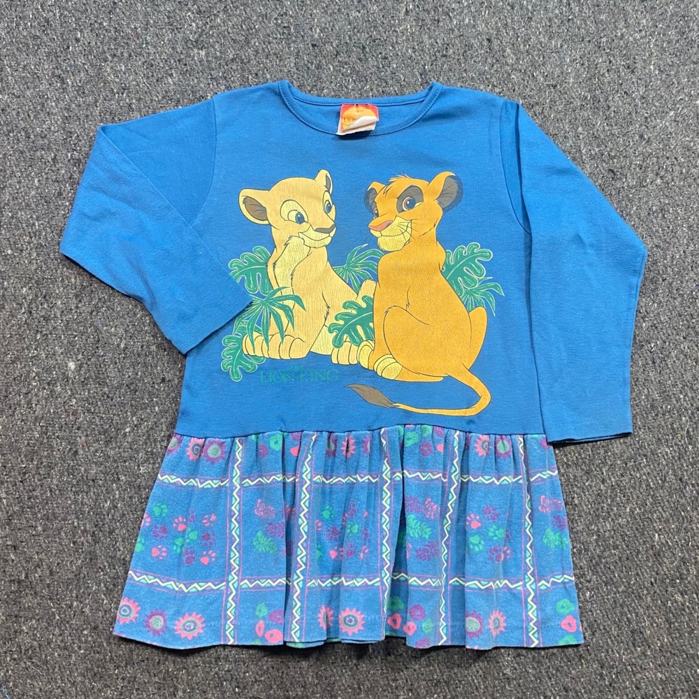 Disney Lion King Dress Sz 5/6 Girls Blue Vintage 90s Simba Nala Drop Waist USA